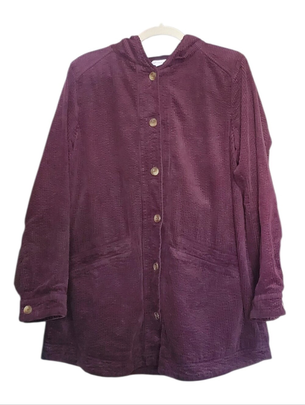 J.Jill Corduroy Hooded Button Up Jacket Fall Minimalist Barn Chore Deep Plum M